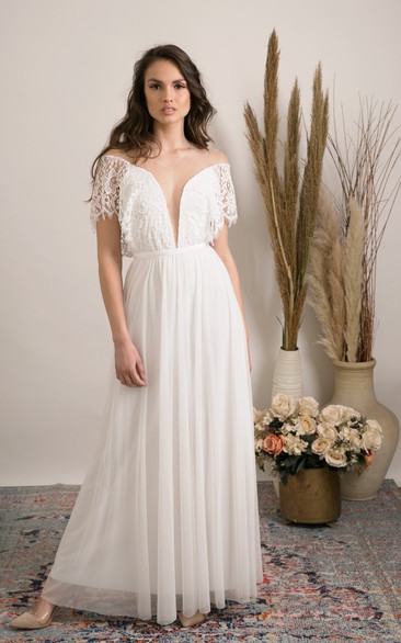 Show Stopping Boho Plunging V Neck Off Shoulder Deep V Back Tulle Wedding Dress with Ruching and Ribbon