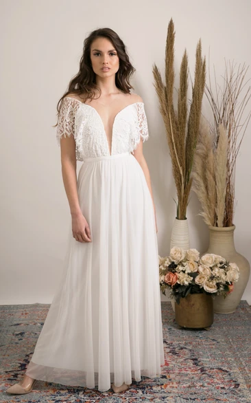 Show Stopping Boho Plunging V Neck Off Shoulder Deep V Back Tulle Wedding Dress with Ruching and Ribbon