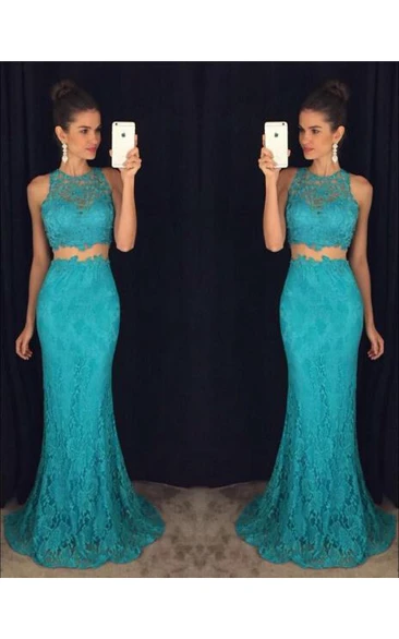 Jewel-Neck Sleeveless Lace Two Piece Prom Dress With Sweep Train