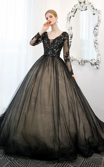 Gothic Black Ball Gown Long Sleeve Tulle Wedding Dress with Appliques and Corset Back