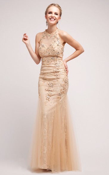 Sheath Jewel Sleeveless Floor-length Lace/Tulle Prom Dress with Sequins and Appliques