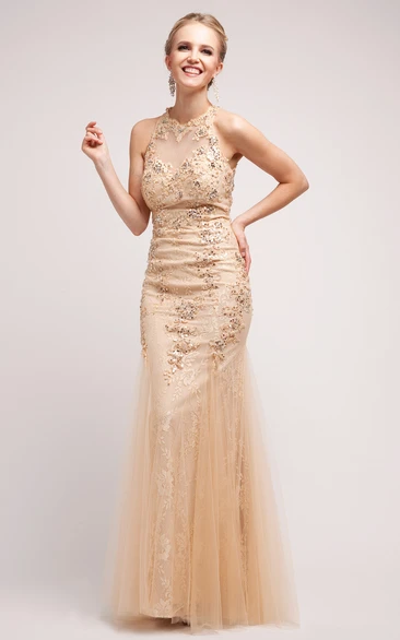 Sheath Jewel Sleeveless Floor-length Lace/Tulle Prom Dress with Sequins and Appliques