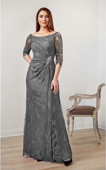 Bateau Half Sleeve Floor Length Lace Mother of The Bride Dress with Ruching and Beading