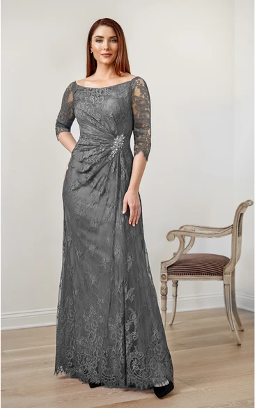 Bateau Half Sleeve Floor Length Lace Mother of The Bride Dress with Ruching and Beading