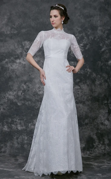 Pleated High Neckline Lace Long-Sleeve Gorgeous Long Dress