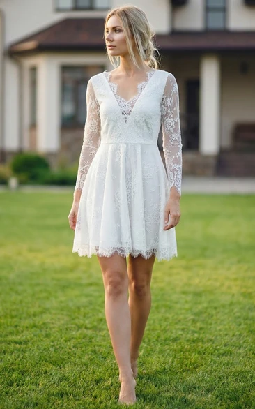 Sexy Tea-Length Lace Wedding Dress with V-Neck
