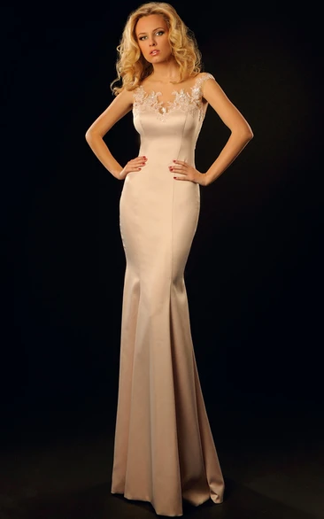 Pencil Scoop Cap-Sleeve Floor-length Satin Formal Dress with Appliques and Pleats