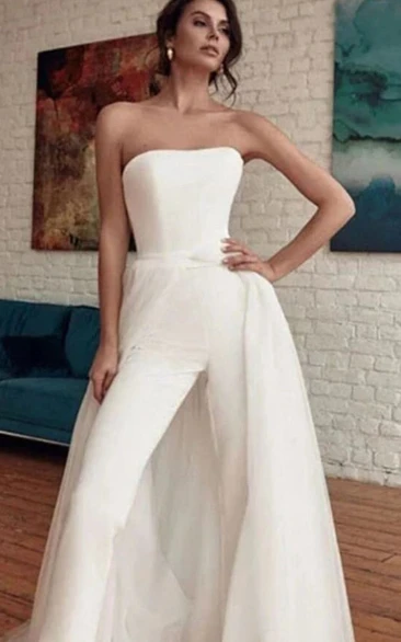 Elegant Strapless Satin Wedding Pantsuit with Removable Skirt