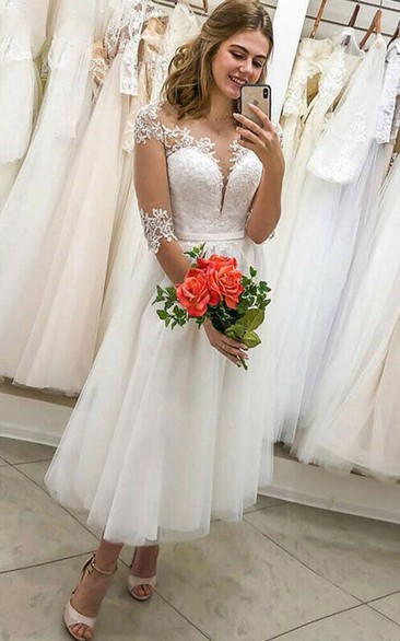 Illusion 3-4-sleeve Lace Notched Tea-length Tulle Wedding Dress