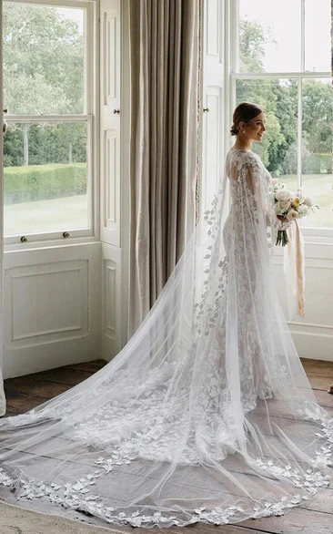 Long Sleeve Sheath Lace Illusion Wedding Dress with Court Train