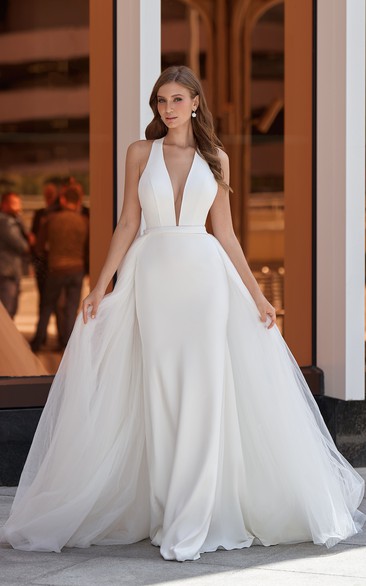 Sexy Plunged Sleeveless Sheath Wedding Dress with Watteau Train