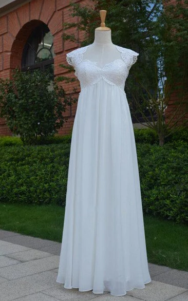 Chiffon Pleated Keyhole Back Cap Queen-Anne Gown