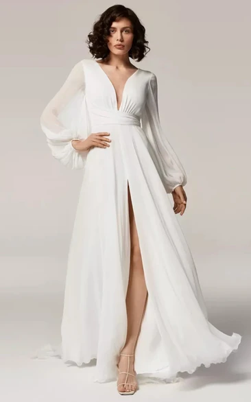 Simple A Line Chiffon 3/4 Length Sleeve Poet Floor-length Wedding Dress with Ruching