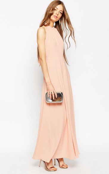 Ankle-Length Sleeveless High Neck Chiffon Bridesmaid Dress With Straps