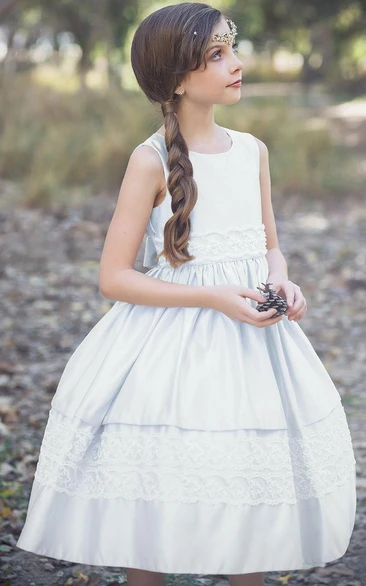 Layered Lace Sequined Tea-Length Tulle Flower Girl Dress