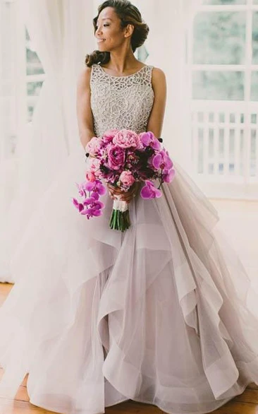 Tulle Ruffled A-Line Sleeveless Brush-Train Gown