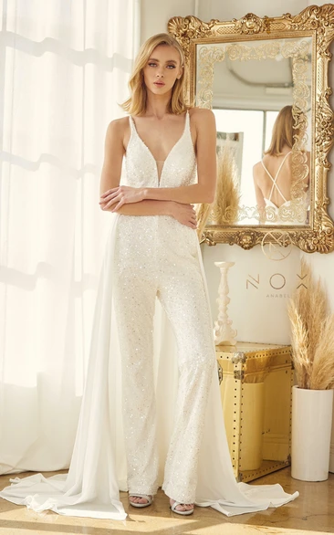 Sparkle Sequin Plunging V Neck White Bridal Jumpsuit Pantsuit Detachable Train Sleeveless