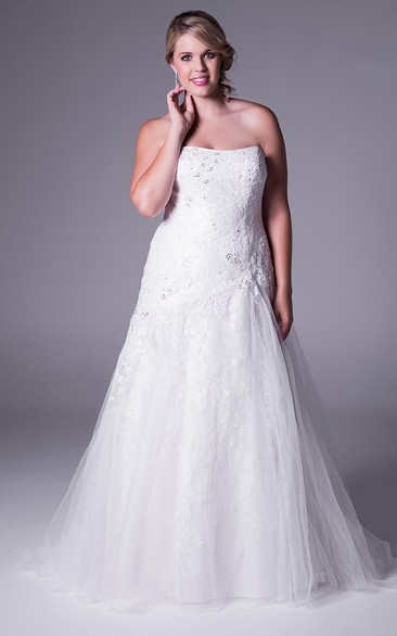 Strapless A-line Tulle Lace Appliques plus size Dress With Sweep Train