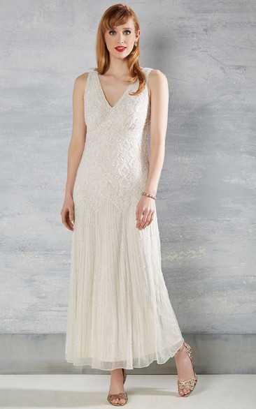 A Line V-neck Sleeveless Ankle-length Lace/Tulle Wedding Dress with Low-V Back and Sequins