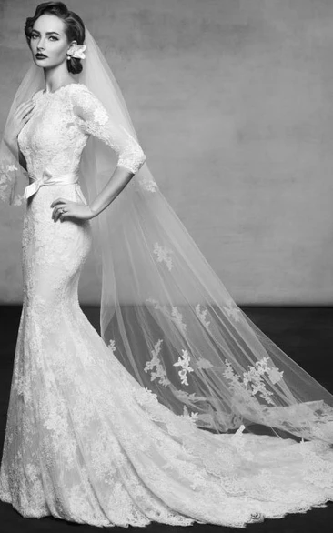 3-4-sleeve Mermaid Lace Wedding Dress With Chapel Train And Appliques