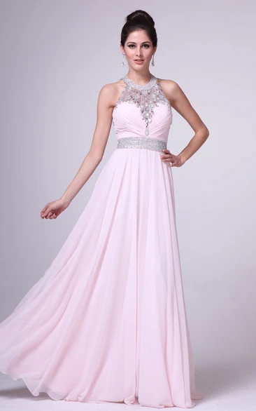 A-line Jewel Sleeveless Floor-length Chiffon Prom Dress with Keyhole and Beading