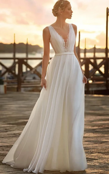V-neck Sleeveless Chiffon Flowy Casual White Pleated boho Wedding Dress