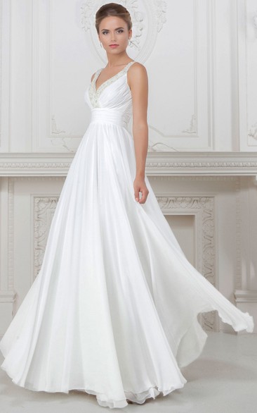 Sheath V-neck Sleeveless Floor-length Satin Wedding Dress with Corset Back and Beading