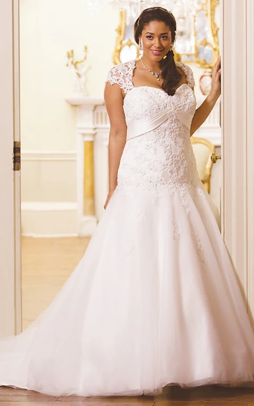 And Lace A-line Tulle Satin plus size wedding dress With Illusion back