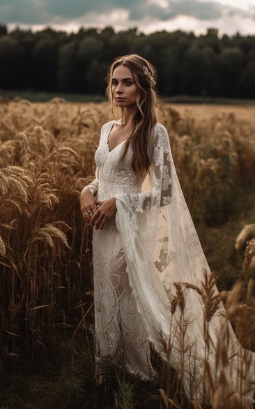 V-neck Lace Boho Summer Flowy Outdoor Ethereal Wedding Dress