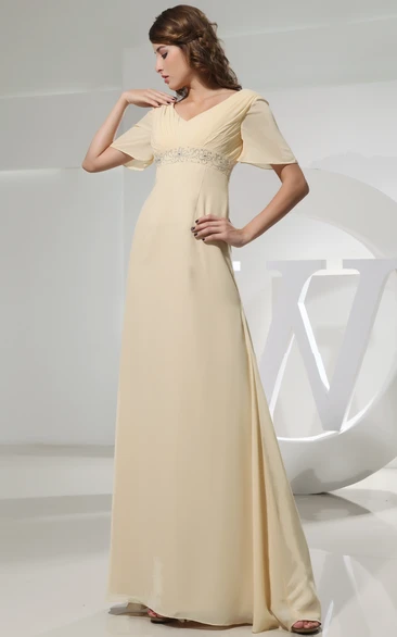 High-Waist Rhinestone Strapless V-Neckline Chiffon Gown