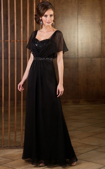 A Line Square Short Sleeve Floor-length Chiffon Mother Of The Bride Dress with Low-V Back and Waist Jewellery
