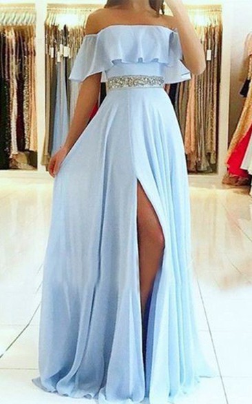 Off-the-shoulder Chiffon Sleeveless Floor-length Evening Dress with Beading and Pleats