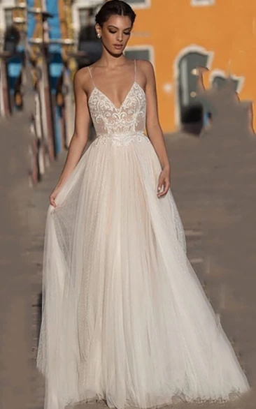 Spaghetti Casual Tulle A-line Pleated Low-v Back Wedding Dress