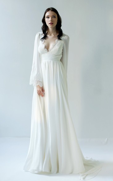 Sexy Sheath Chiffon Long Sleeve Deep-V Back Wedding Dress