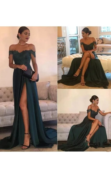 A-line Sleeveless Floor-length Court Train Off-the-shoulder Chiffon Lace Evening Dress with Zipper Back