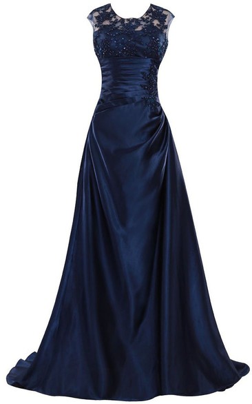 Ruched-Bodice Satin Crystal Sleeveless Long Gown