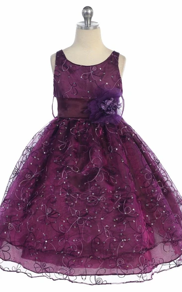 Ball Gown Scoop Sleeveless Tea-length Organza Flowergirl Dress with Sash and Flower