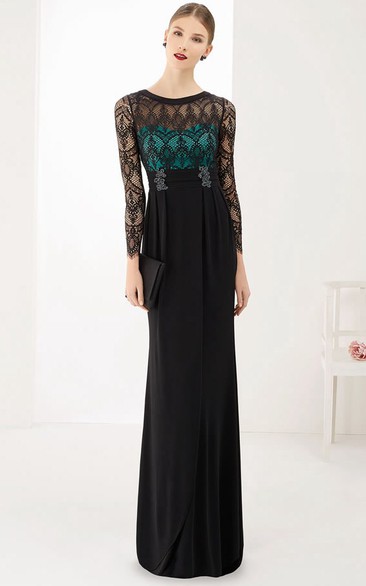 Sheath Jewel Long Sleeves Floor-length Chiffon Wedding Guest Dress with Illusion and Appliques