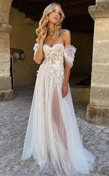 Sweetheart Tulle Off-the-shoulder Flowy Ethereal Lace Sequin Wedding Dress