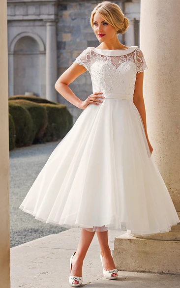 Bateau Short Sleeve Tea-length Wedding Dress With Lace Illusion back