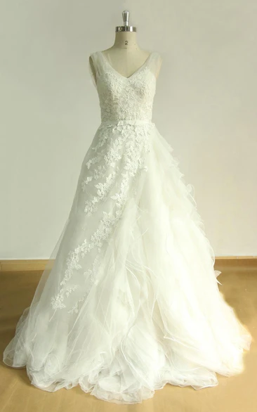 Tulle Ruffled Satin V-Neckline A-Line Bridal Lace Dress