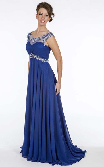 A-line Scoop Sleeveless Sweep Train Chiffon Evening Dress with Beading and Pleats