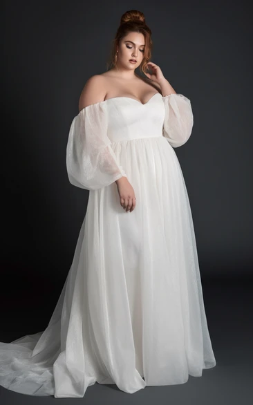 Off-the-shoulder Empire A-line Plus Size Sweep Train Puff-sleeve Wedding Dress