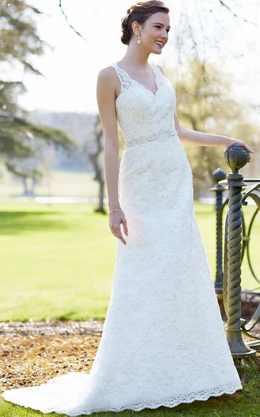 V-neck Sleeveless Lace Wedding Dress With Appliques And Embellished Waist