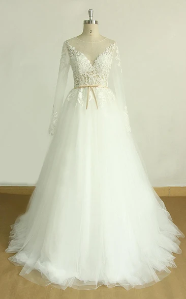 Tulle Satin Long-Sleeve A-Line Wedding Lace Dress