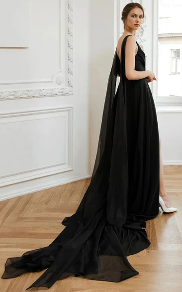 Ethereal A-Line V Neck Floor Length Chiffon Wedding Dress with Side Draping and Front Slit