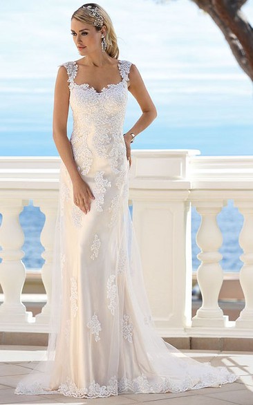 Queen Anne Sheath Lace Appliqued Tulle Wedding Dress With Low-V Back And Sweep Train