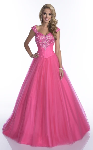 Cap-Sleeve Crystal Top Tulle A-Line Quinceanera Dress