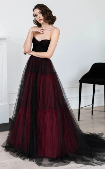 Gothic Black and Red Sweetheart A Line Sweep Train Tulle Wedding Dress with Tiers and Tied Back