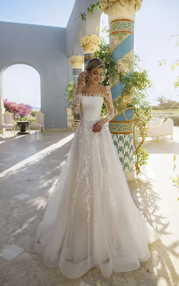 Ethereal Illusion Long Sleeve A-line Tulle Wedding Dress with Applique